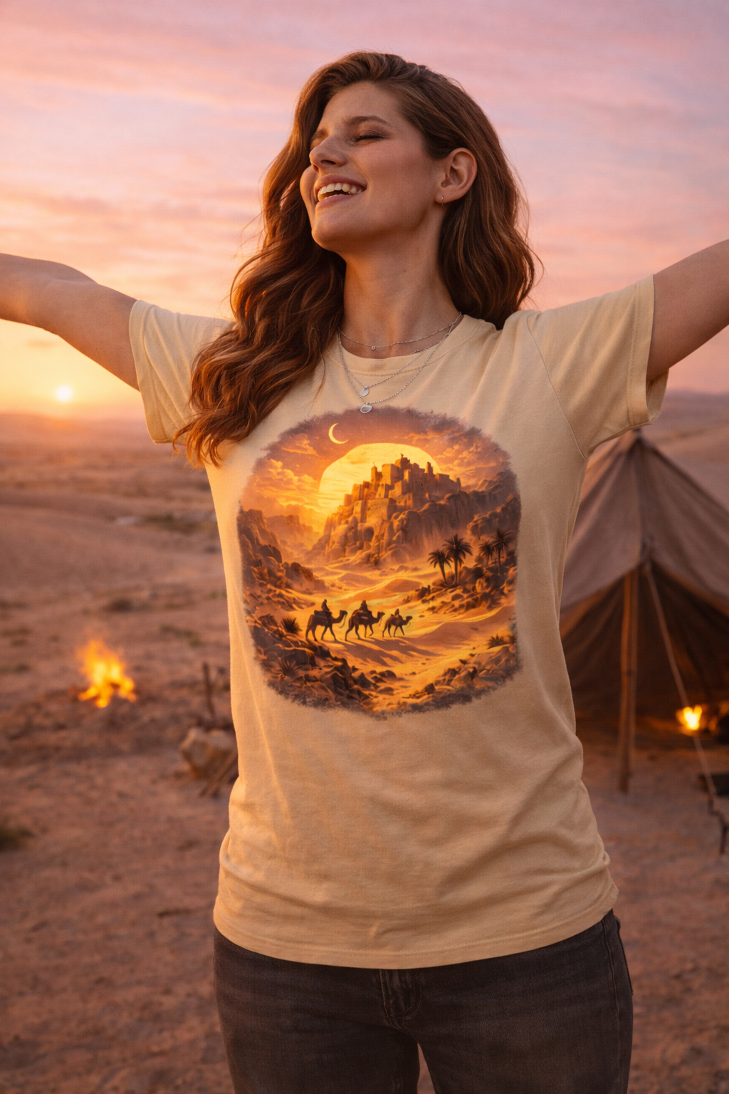 A Desert Caravan Walking into the Kasbah — Amanar Studio dark Arabian streetwear t-shirt