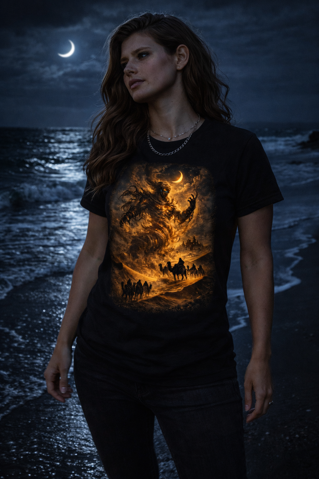 Rising Sandstorm Under a Crescent Moon — Amanar Studio dark Arabian streetwear t-shirt