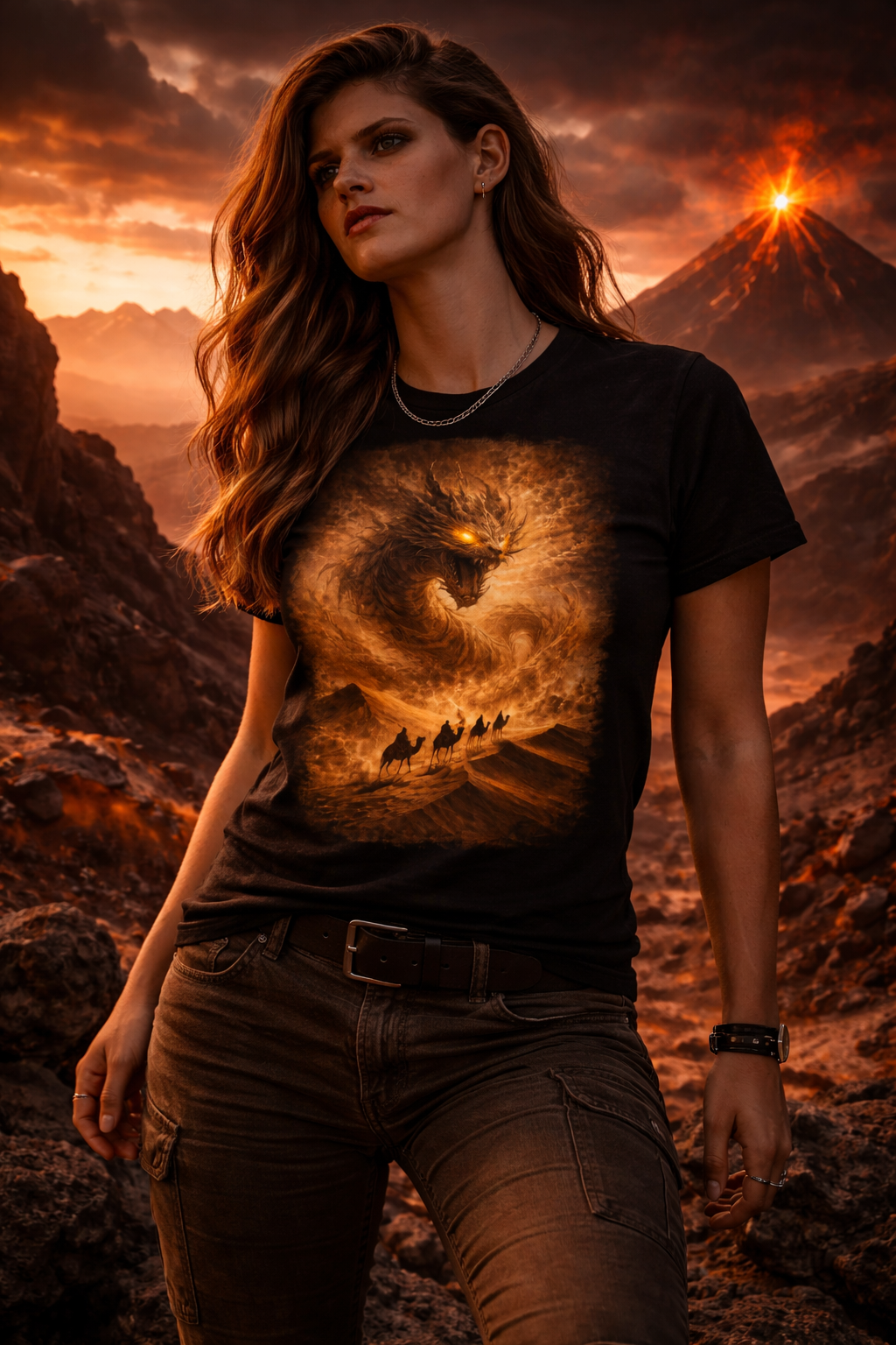 Sand dragon rises in desert storm — Amanar Studio dark Arabian streetwear t-shirt