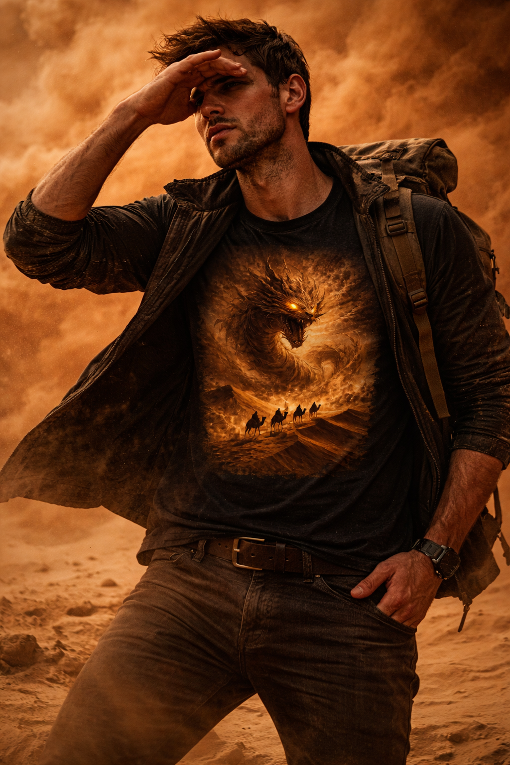 Sand dragon rises in desert storm — male mockup