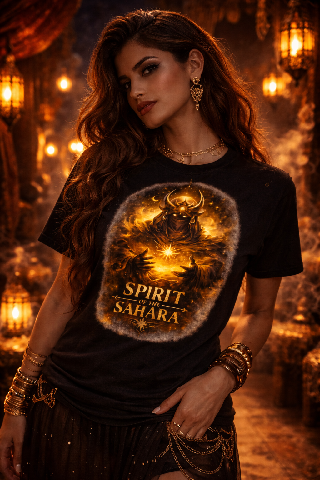 Spirit of the Sahara — Flame Guardian — Amanar Studio dark Arabian streetwear t-shirt