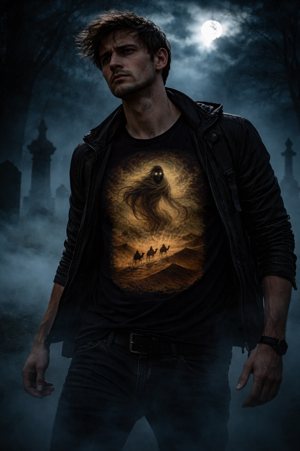 Wraith in the desert night — Amanar Studio dark Arabian streetwear t-shirt